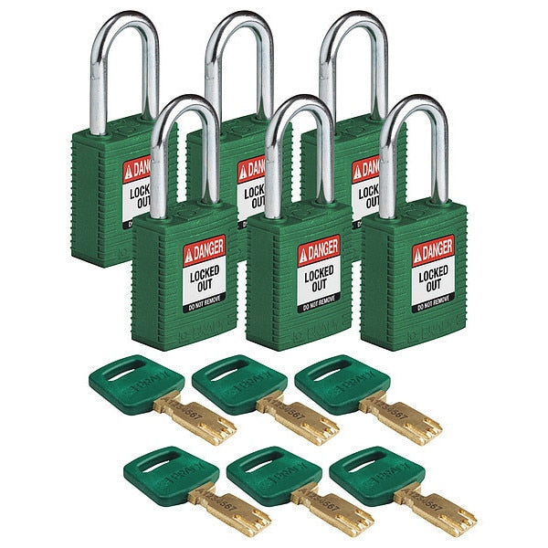 Lockout Padlock, Nylon, Grn, 6 Keys, PK6