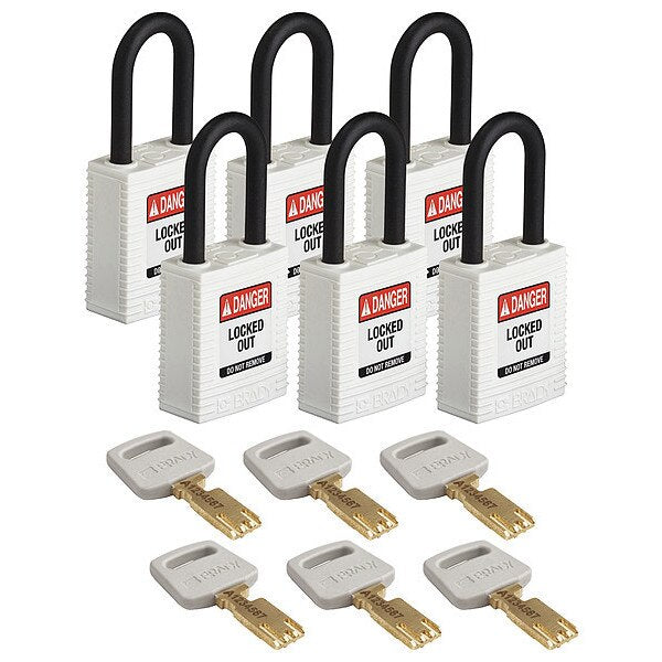 Lockout Padlock, Nylon, Wht, Rectangle, PK6
