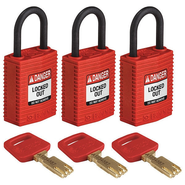 Lockout Padlock, Nylon, Red, PK3
