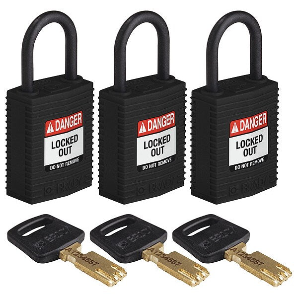 Lockout Padlock, Nylon, Black, PK3