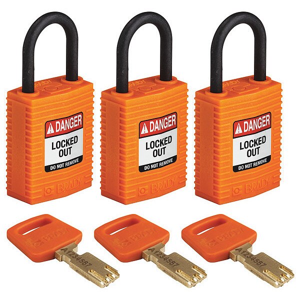 Lockout Padlock, Nylon, Orange, PK3