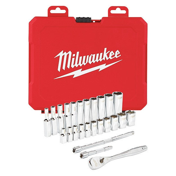 Socket Wrench Set, 1/4 in Drive Size, (10) 6-Point, (10) Deep 6-Point, SAE, 26-Piece