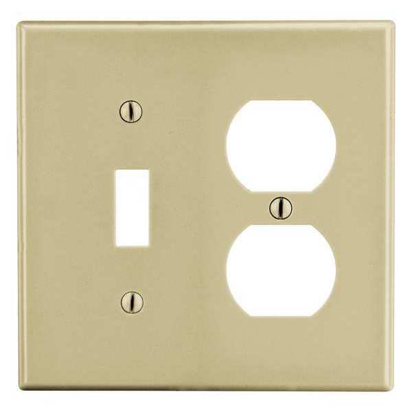 Toggle Switch/Duplex Receptacle Wall Plate, Number of Gangs: 2 Plastic, Smooth Finish, Ivory