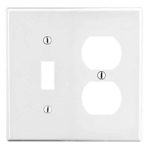 Toggle Switch/Duplex Receptacle Wall Plate, Number of Gangs: 2 Plastic, Smooth Finish, White