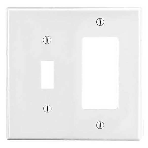 Toggle Switch/Rocker Wall Plate, Number of Gangs: 2 Plastic, Smooth Finish, White