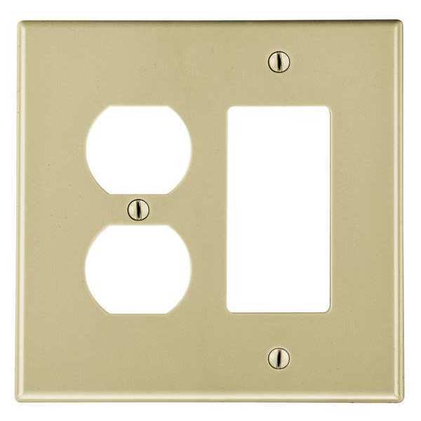 Rocker/Duplex Receptacle Wall Plate, Number of Gangs: 2 Plastic, Smooth Finish, Ivory
