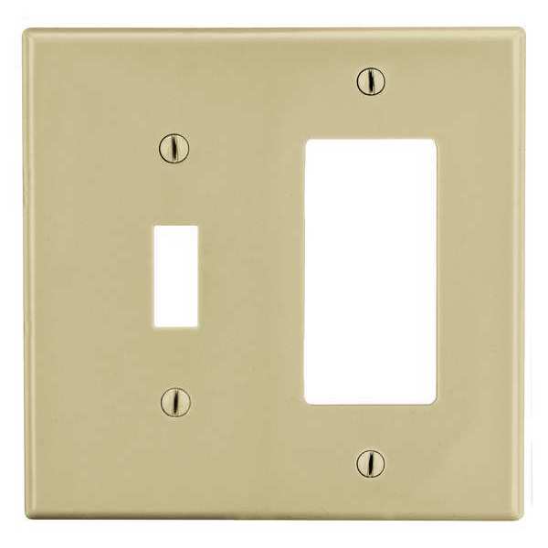 Toggle Switch/Rocker Wall Plate, Number of Gangs: 2 Plastic, Smooth Finish, Ivory