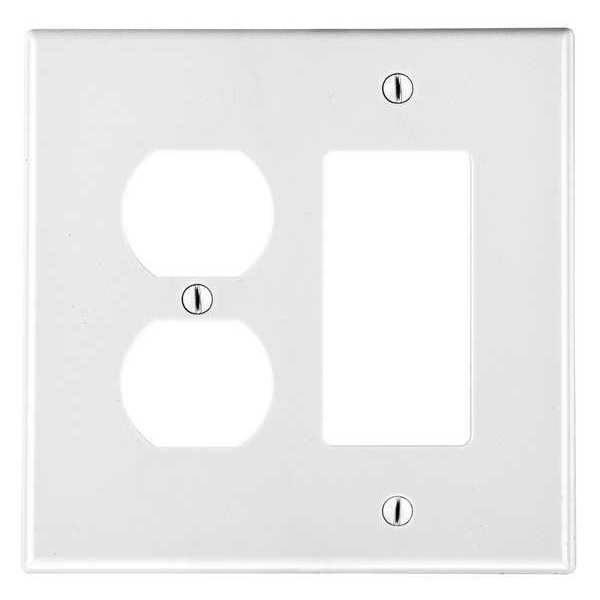 Rocker/Duplex Receptacle Wall Plate, Number of Gangs: 2 Plastic, Smooth Finish, White