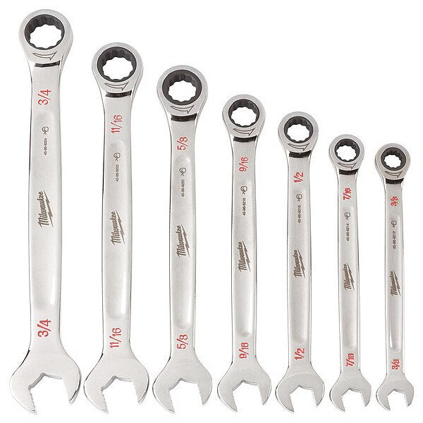 Ratcheting Combination Wrench Set, SAE, 3/8 in to 3/4 in Head Sizes, 12 Points, 7-Piece