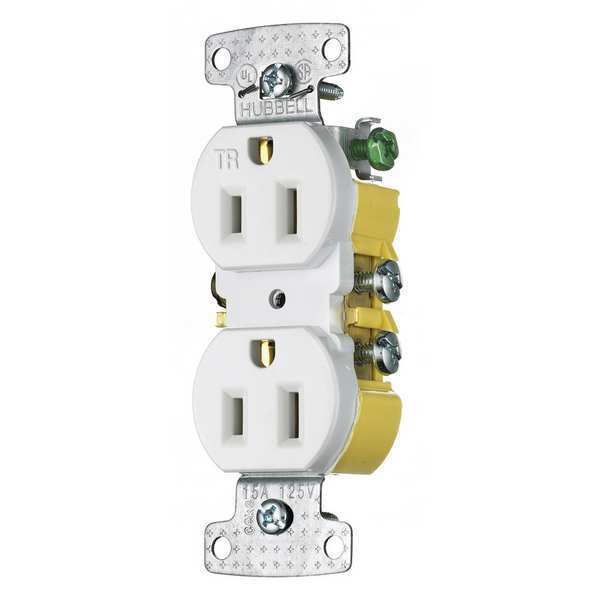 Receptacle, 15 A Amps, 125V AC, Flush Mount, Standard Duplex Outlet, 5-15R, White