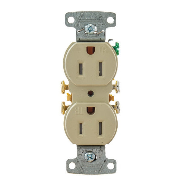 Receptacle, 15 A Amps, 125V AC, Flush Mount, Standard Duplex Outlet, 5-15R, Ivory