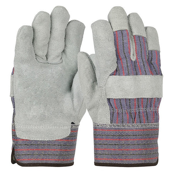 Economy Grade Split Cowhide Leather Palm Glove, Fabric Back, Gunn Cut, Wing Thumb, XL, 12 Pairs