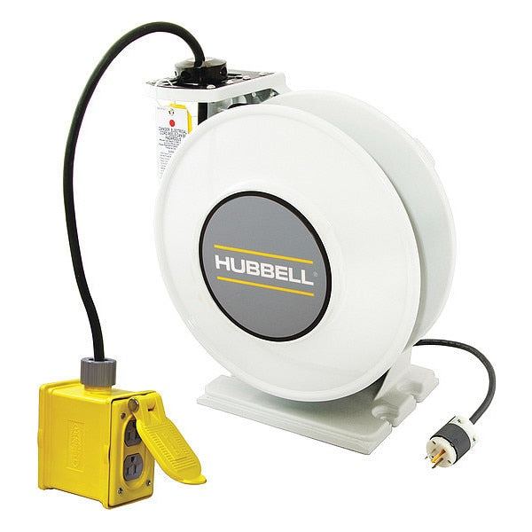 White Industrial Reel with Yellow Portable Outlet Box and (1) 20A Duplex Receptacle, UL Type 1, 45 Ft, #12/3 SJO, 20 A, 125 VAC