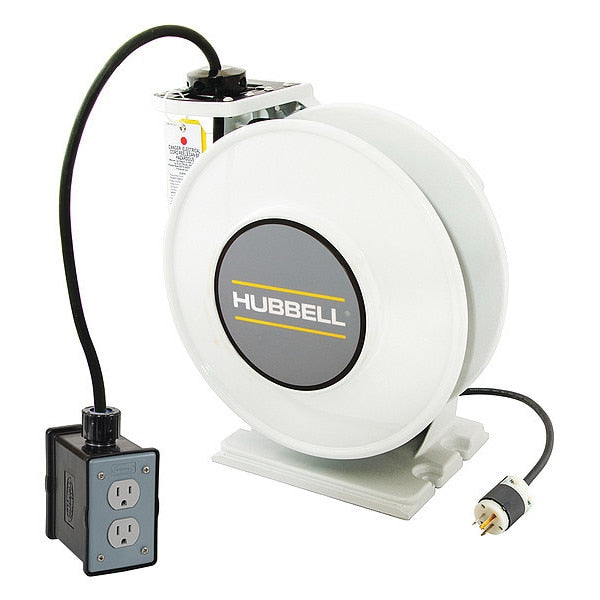 White Industrial Reel with Black Portable Outlet Box and (2) 15A Duplex Receptacles, UL Type 1, 45 Ft, #14/3 SJO, 15 A, 125 VAC