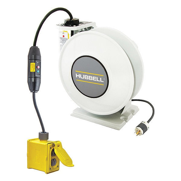 White Industrial Reel with Yellow Portable Outlet Box, GFCI Module and (2) 20A Duplex Receptacles, UL Type 1, 45 Ft, #12/3 SJO, 20 A, 125 VAC