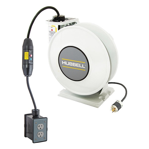 White Industrial Reel with Black Box, GFCI Module and (2) 20A Tamper Resistant Duplex Receptacles, UL Type 1, 45 Ft, #12/3 SJO, 20 A, 250 VAC