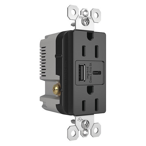 USB Charger Recept, 15 A, Black, Type A/C