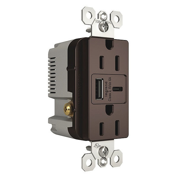 USB Charger Recept, 15 A, Drk Brz, Type A/C