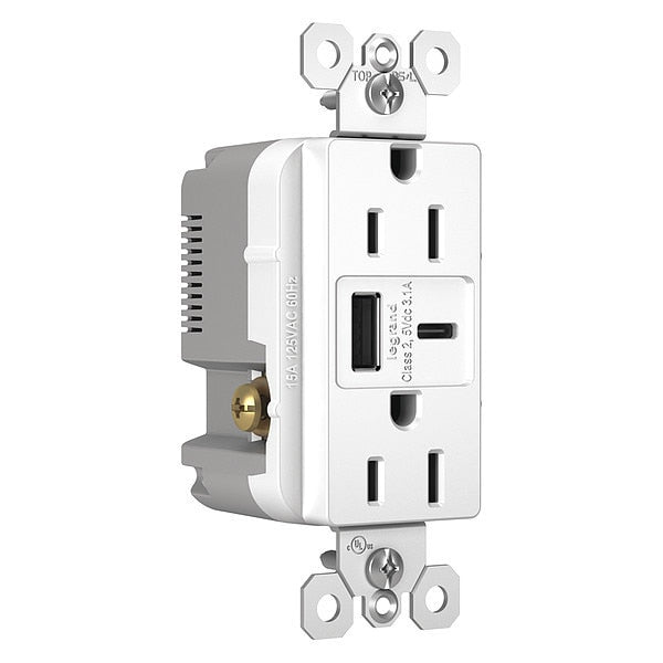 USB Charger Recept, 15 A, White, Type A/C