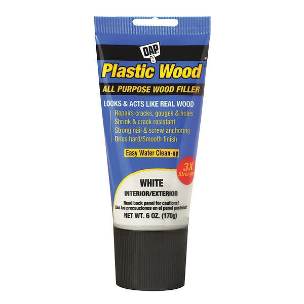 Wood Filler 6 oz Size, Tube White Plastic Wood