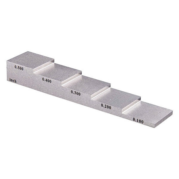 5-Step Calibration Block with imperial and metric markings for ultrasonic thickness gauges.