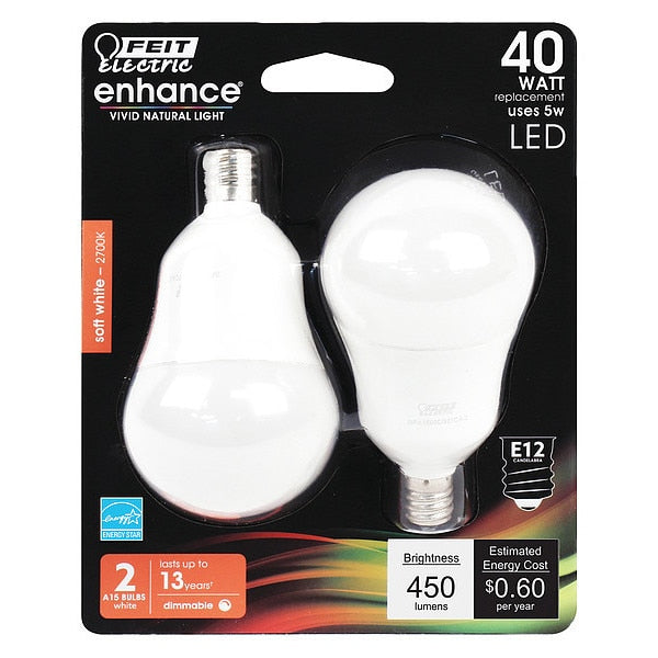 LED, 5 W, A15, Candelabra Screw (E12), PK2