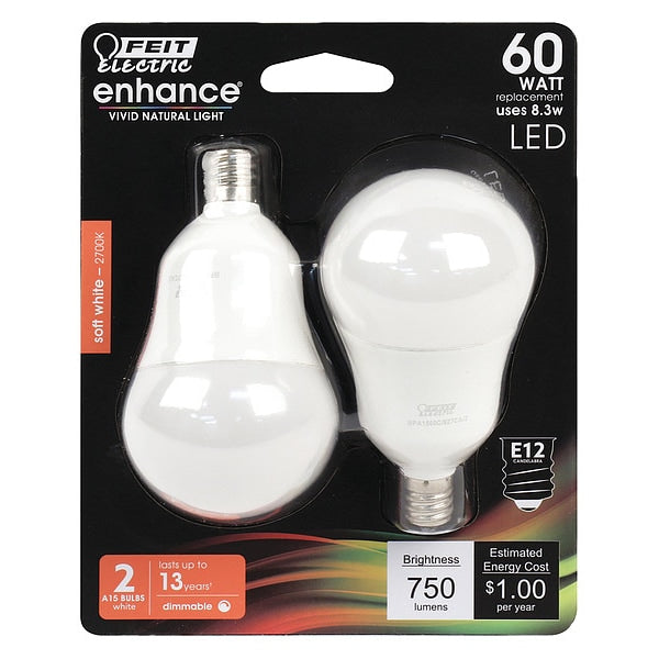 LED, 8.3 W, A15, Candelabra Screw (E12), PK2