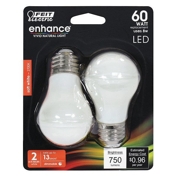 LED, 8 W, A15, Medium Screw (E26), PK2