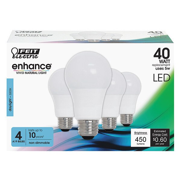 LED, 5 W, A19, Medium Screw (E26), PK4
