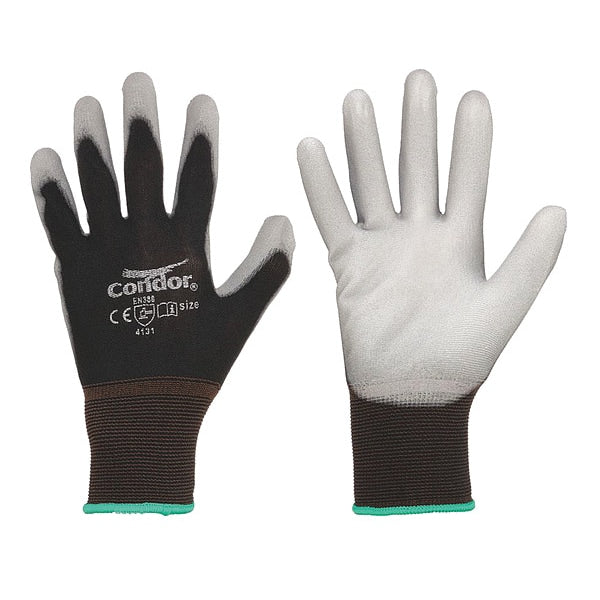 Coated Gloves, Polyurethane, Nylon, Smooth, ANSI Abrasion Level 3, Gray/Black, XL, 1 Pair