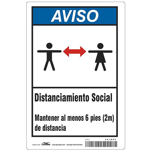 Covid 19 Sign 10X14, Spanish Notice Soci, 10 in Height, 14 in Width, Aluminum, Spanish