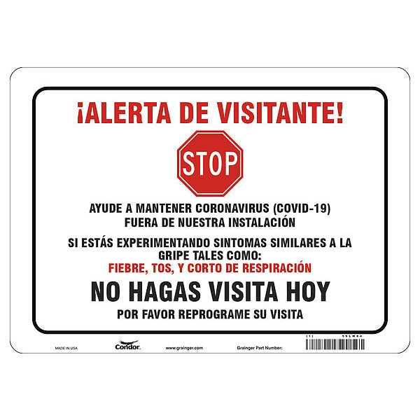 Covid 19 Sign 10X14, Spanish Visitor Ale, 10 in Height, 14 in Width, Aluminum, Spanish
