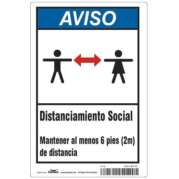 Covid 19 Sign 10X14, Spanish Notice Soci, 10 in Height, 14 in Width, Polystyrene, Spanish