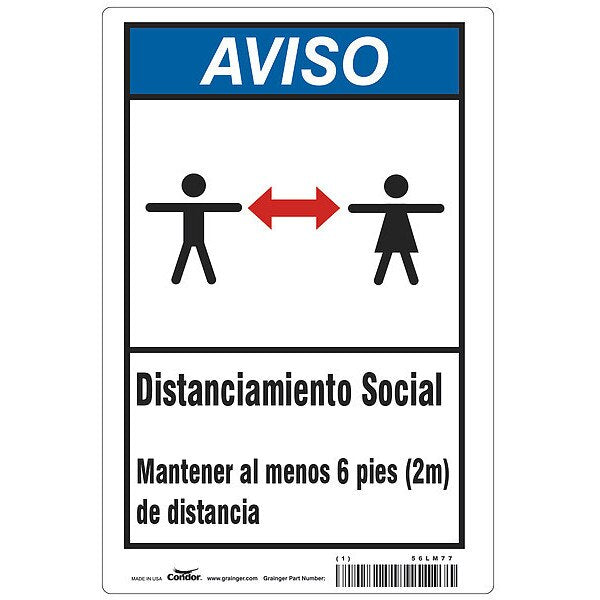 Covid 19 Sign 7X10, Spanish Notice Socia, 7 in Height, 10 in Width, Polyester, Spanish