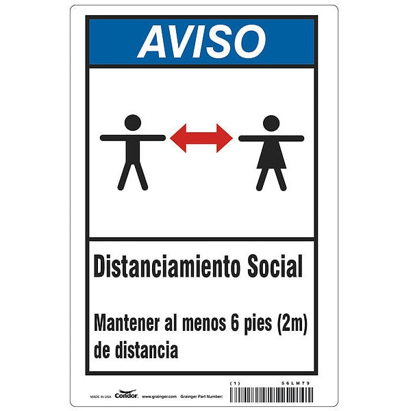 Covid 19 Sign 7X10, Spanish Notice Socia, 7 in Height, 10 in Width, Aluminum, Spanish