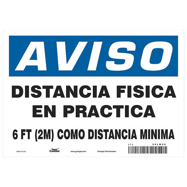 Covid 19 Sign 7X10, Spanish Notice Physi, 7 in Height, 10 in Width, Polystyrene, Spanish