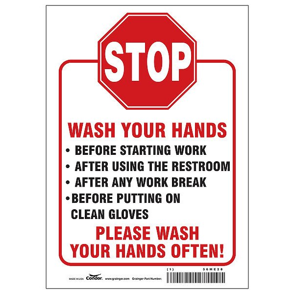 Hygiene Sign, 14 in H, 10 in W, Vinyl, English, HWB756T1410