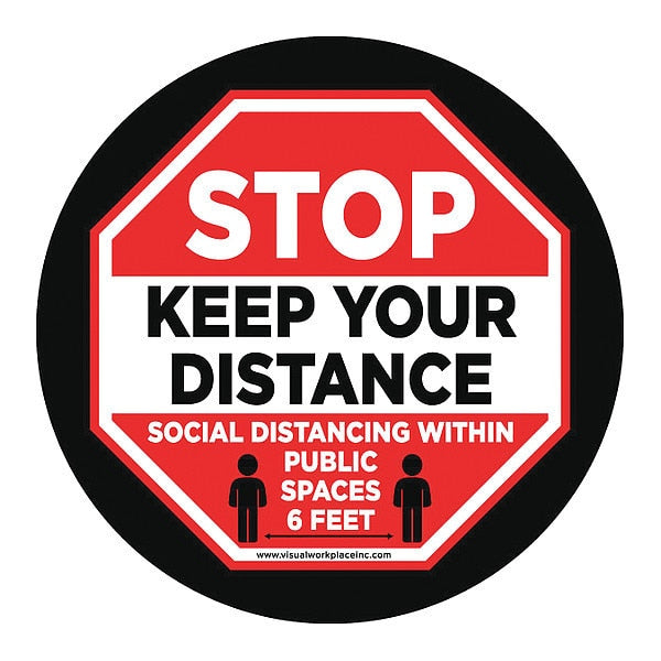 Social Distance Floor Sign, 12 in H, 12 in W, Vinyl, Circle, English, FS-12-907