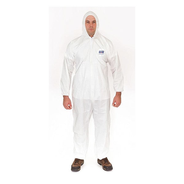 Coverall w Attached Hood, 5XL, White, PK25, 5XL, 25 PK, White, Microporous Fabric, Zipper