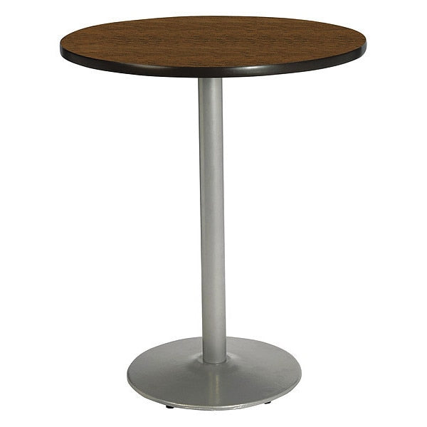 Round KFI Walnut 42in Breakroom Table with Round Silver Base, Walnut, 42 W, 42 L, 42 H, HPL Top