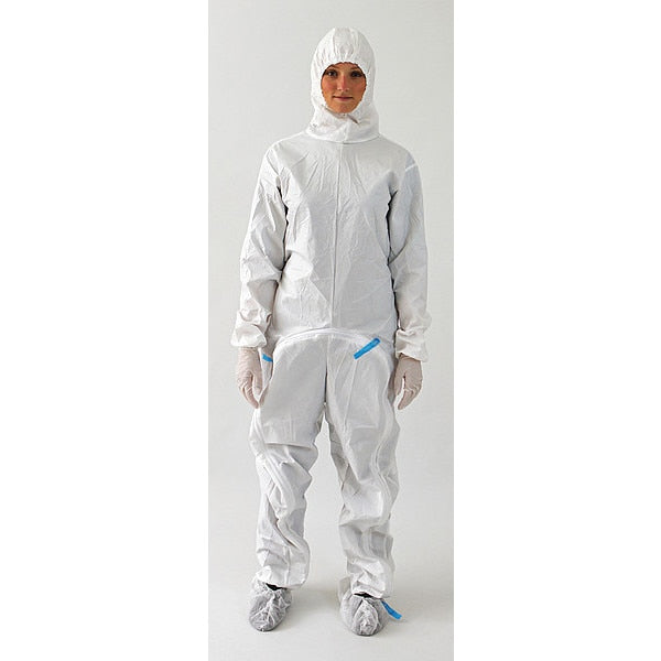 Hooded Disposable Coveralls, 15 PK, White, Polyethylene, Polypropylene, Zipper