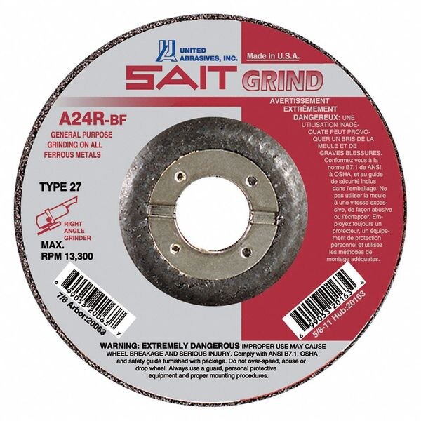 Grinding Wheel, T-27, 6x1/4x7/8, A24R, PK25, 27, 6