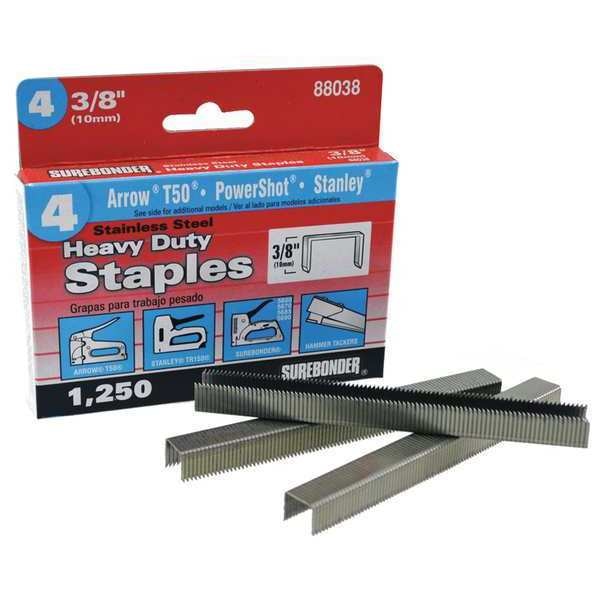 Heavy Duty Staples, Narrow Crown, 3/8 in Leg L, Stainless Steel, 1250 PK