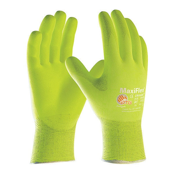 Foam Nitrile Hi-Vis Coated Gloves, Palm Coverage, Yellow, S, 12PK