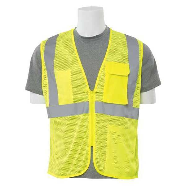 Safety Vest, Mesh, Hi-Viz, Lime, Zipper, L