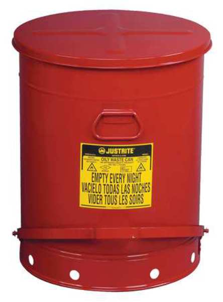 Oily Waste Can, 21 Gallon Capacity, Galvanized Steel, Red, Foot Operated Self Closing