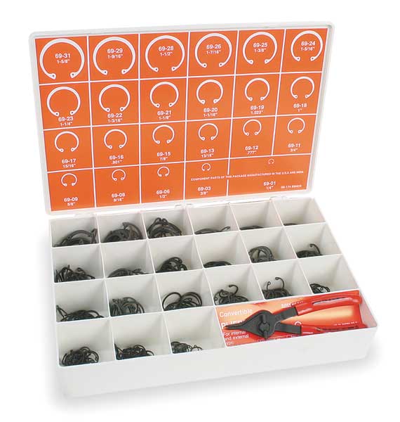 Internal Retaining Ring Assortment, Steel, Phosphate Finish, 395 Pieces, 23 Sizes