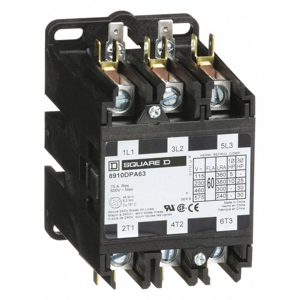 Definite Purpose Magnetic Contactor, 3 Poles, 60 A Full Load Amps-Inductive, 120V AC, 50/60 Hz