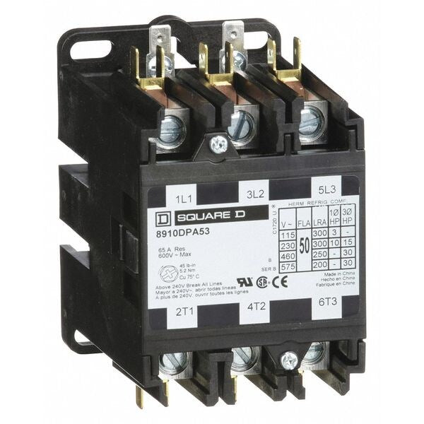 208/240VAC Non-Reversing Definite Purpose Contactor 3P 50A, Width: 2.56 in