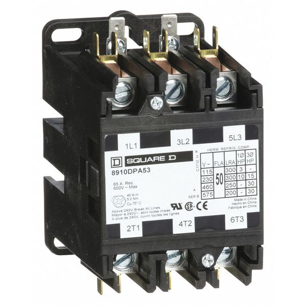120VAC Non-Reversing Definite Purpose Contactor 3P 50A, Depth: 3.67 in